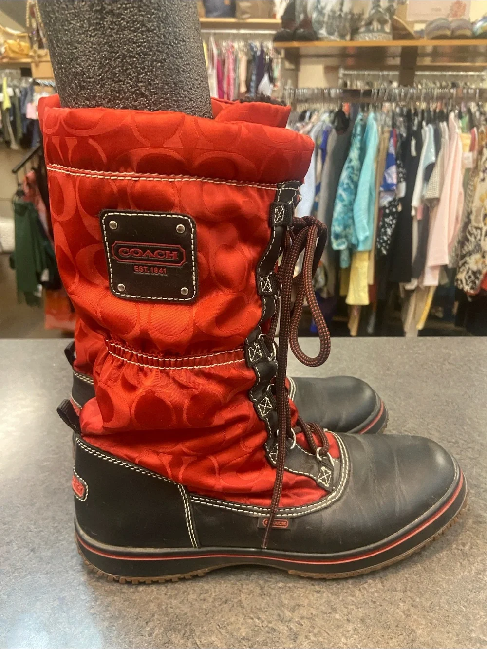 Coach Red and Black Lace-Up Winter Boots